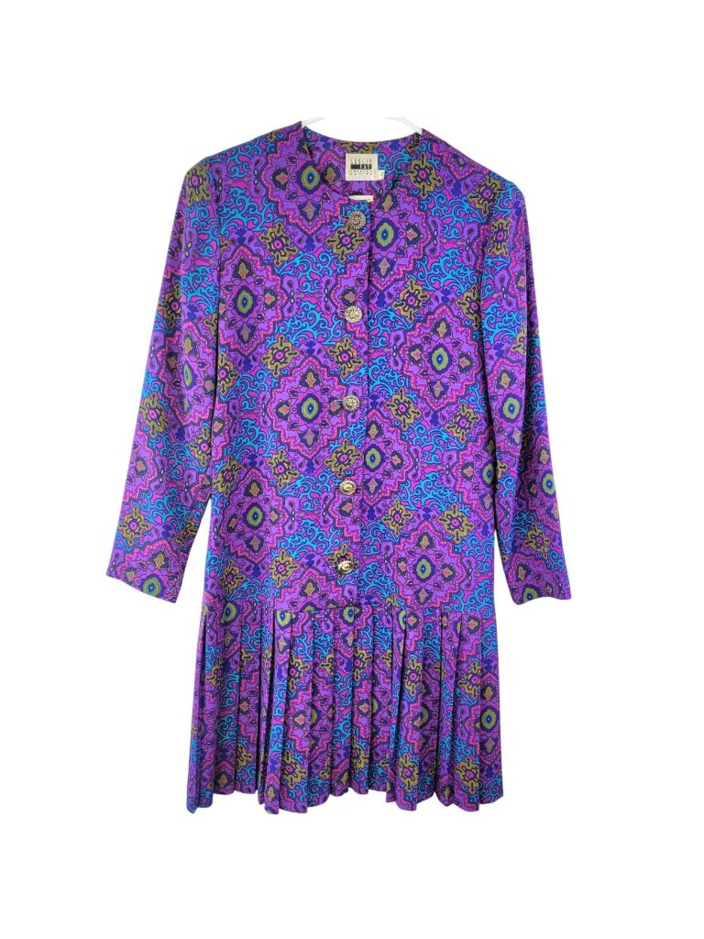 Vintage 80s Colorful Drop Waist Dress Women 10 Purple Blue Geometric Formal Fun
